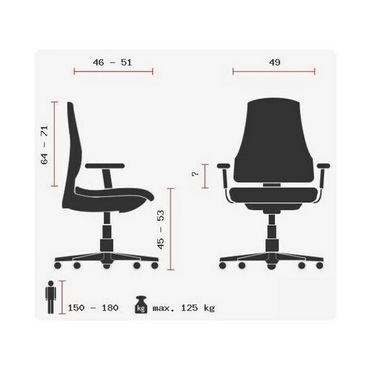 Technische Zeichnung des Profi-Bürostuhls ZERO 17 AL mit maximal 125 kg Belastbarkeit von Sitwell Steifensand