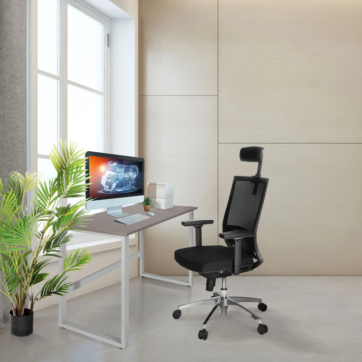 Schreibtisch WORKSPACE LIGHT I in Walnuss und Weiß mit weißem Gestell von hjh OFFICE
