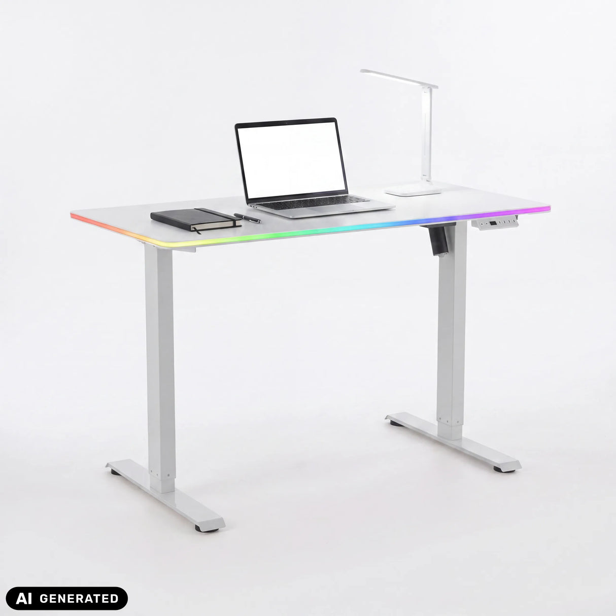 Elektrisch höhenverstellbarer Schreibtisch Worktime LED in Weiß mit RGB-Beleuchtung und Laptop von hjh OFFICE