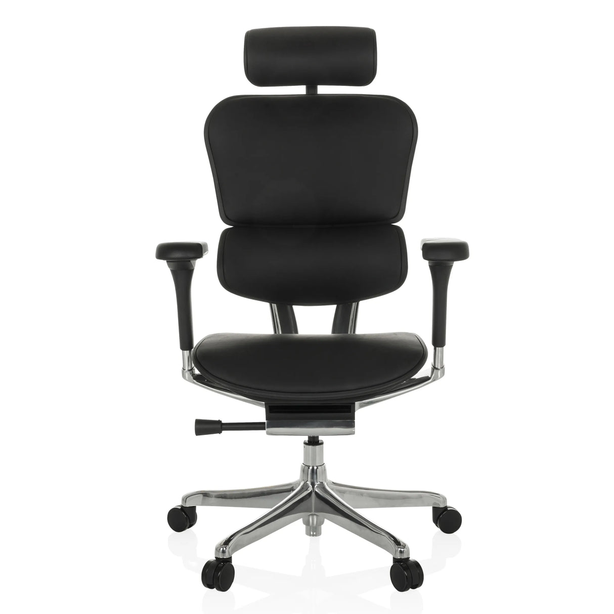 Schwarzer Luxus-Chefsessel ERGOHUMAN GEN2 aus Leder mit Kopfstütze und Fußkreuz mit fünf Rollen von hjh OFFICE – 360-Grad-Ansicht (Frontansicht 0°)