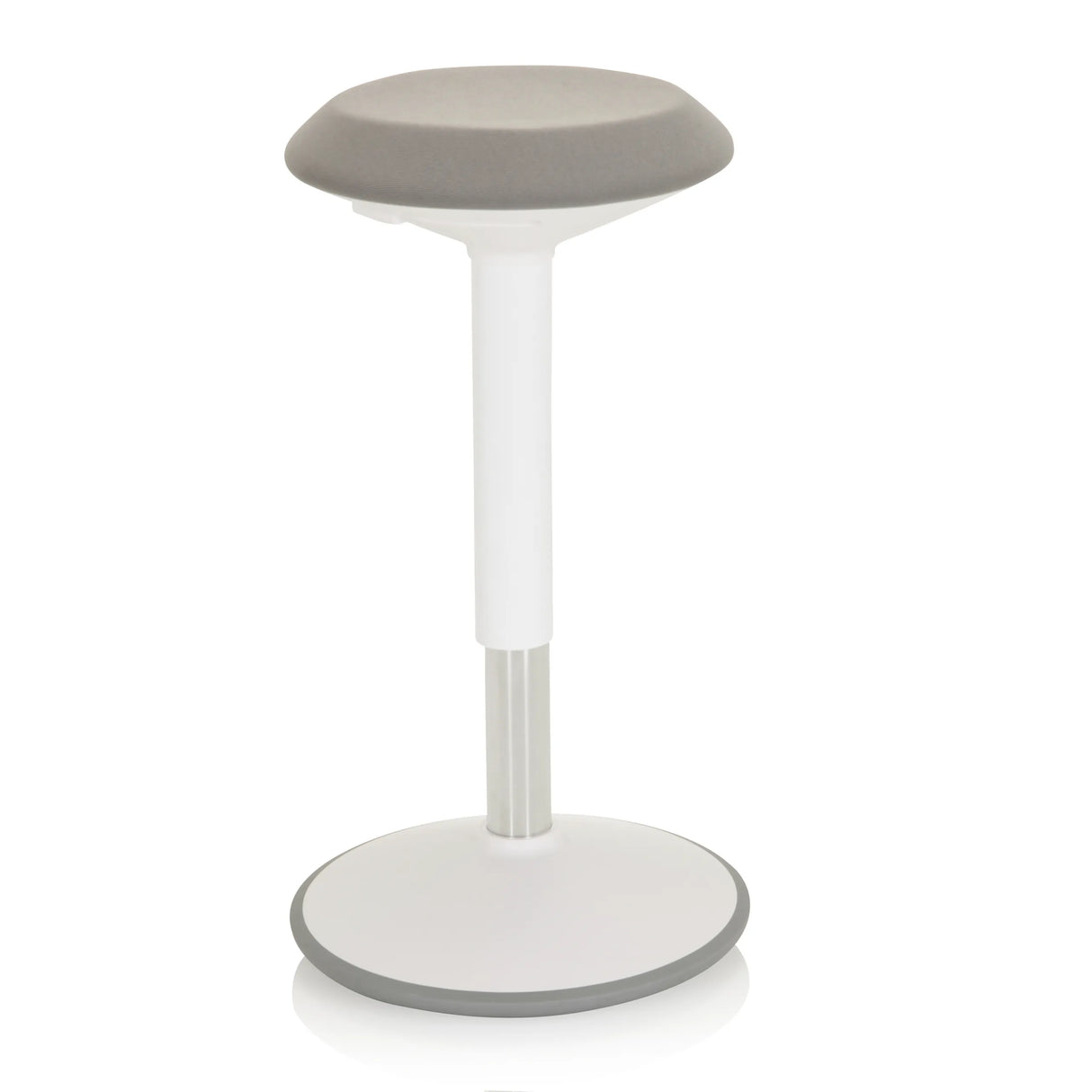 Weiße Stehhilfe BALANCE SIT III W mit grauer Sitzfläche und rundem Standfuß von hjh OFFICE – 360-Grad-Ansicht (schräge Frontansicht 40°)