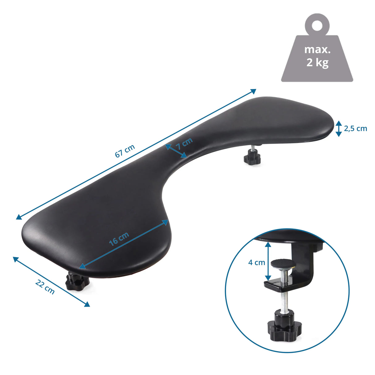 Maßzeichnung der Armstütze RELEX RT2 mit einer Länge von 67 cm und Traglast bis 2 kg von hjh OFFICE