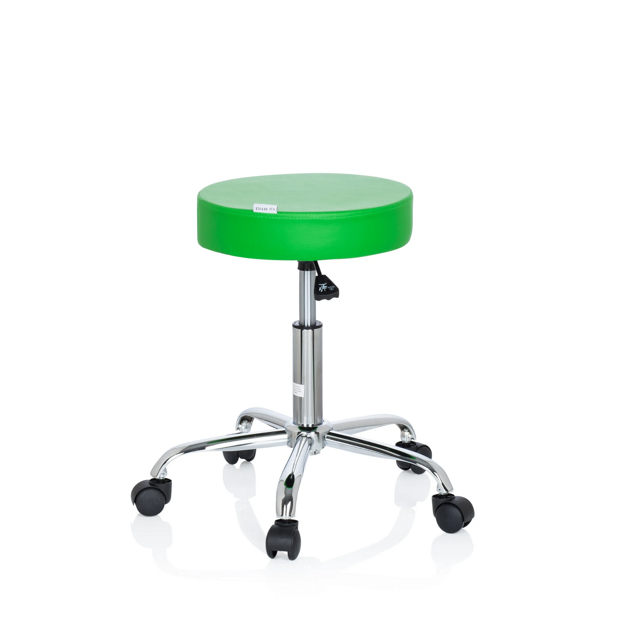 Grüner Drehhocker OPERATOR II mit einer runden Sitzfläche und einem Fußkreuz mit fünf Rollen von hjh OFFICE – 360-Grad-Ansicht (Seitenprofil 100°)