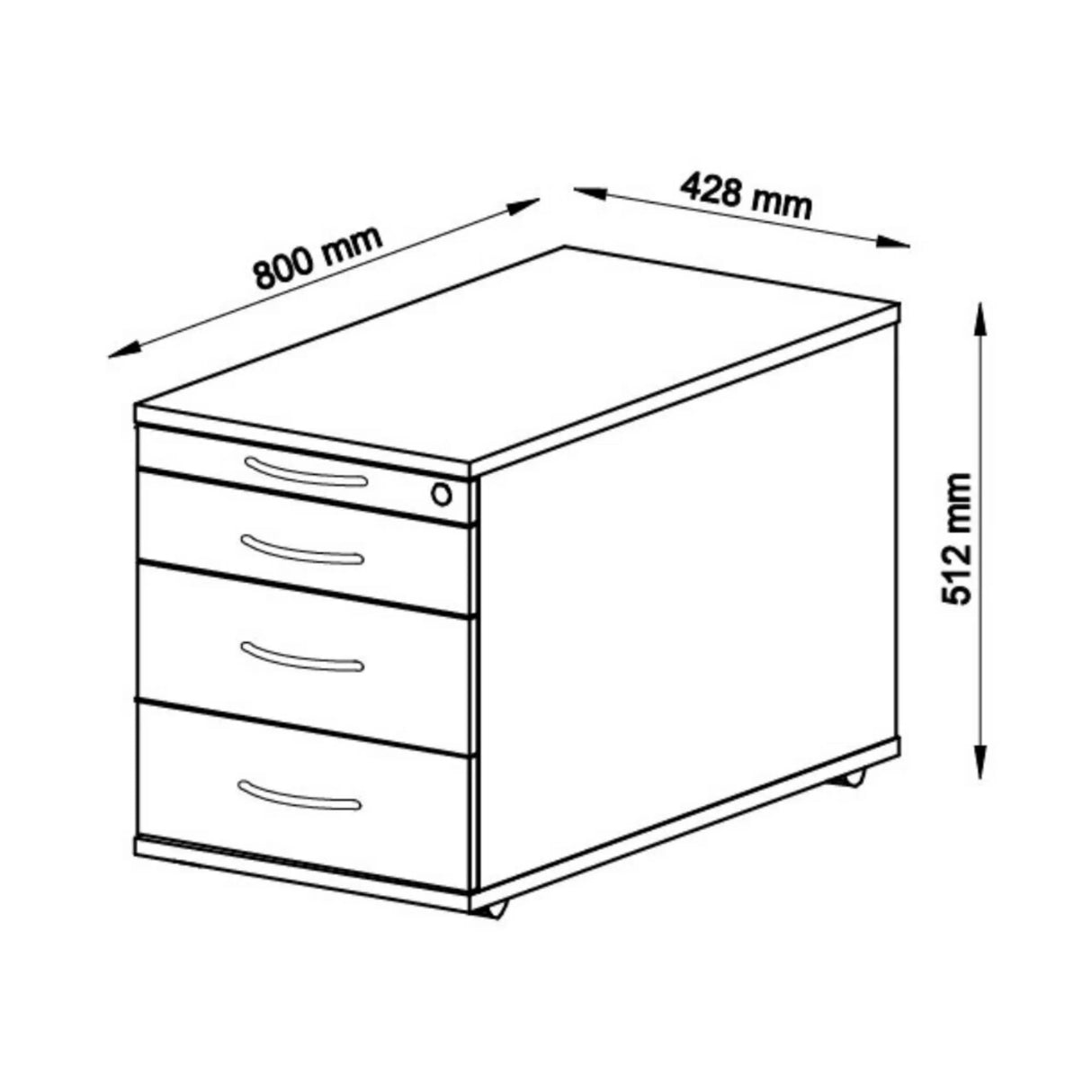 Technische Zeichnung des System Rollcontainers SIGNA TC30 mit 800 × 428 mm von hjh OFFICE PRO