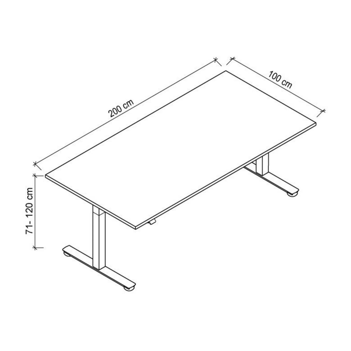 Technische Zeichnung des Schreibtischs XMST 2E G mit 200 × 100 cm von hjh OFFICE PRO