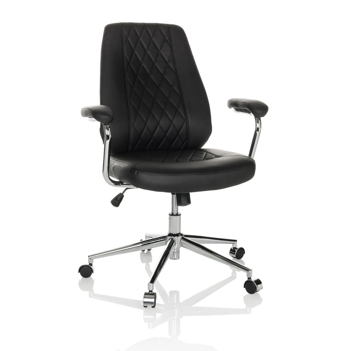 Schwarzer Home-Office-Chefsessel THEO I mit gesteppter Rückenlehne und Fußkreuz mit fünf Rollen von hjh OFFICE – 360-Grad-Ansicht (Frontansicht 15°)