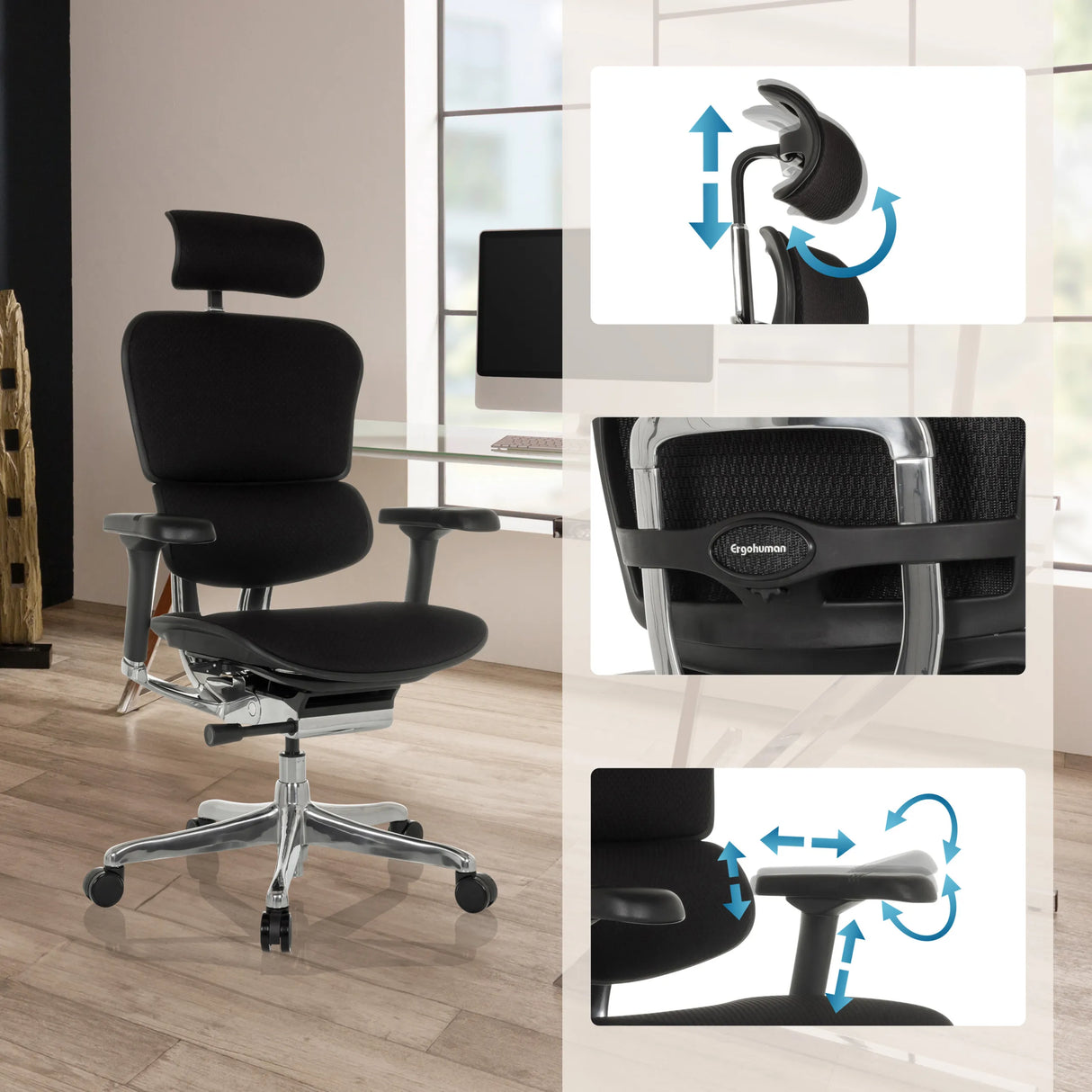 Luxus-Chefsessel ERGOHUMAN GEN2 in Schwarz mit verstellbarer Kopfstütze und 3D-Armlehnen von hjh OFFICE