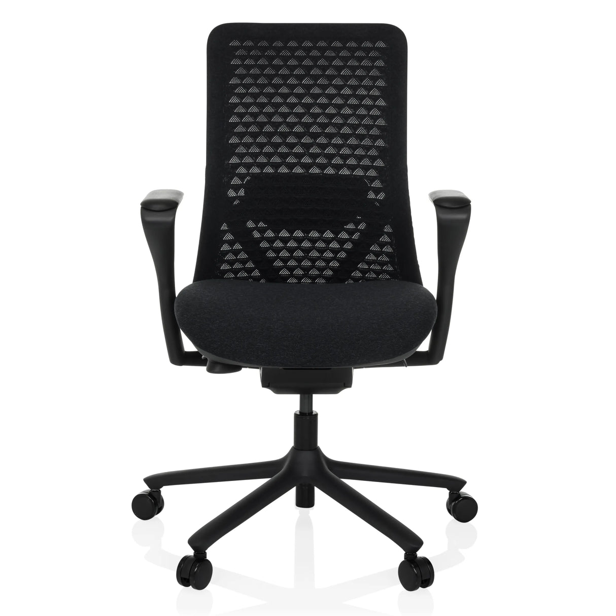 Schwarzer High-End-Bürostuhl VERVIO mit Netzrücken und Fußkreuz mit fünf Rollen von hjh OFFICE – 360-Grad-Ansicht (Frontansicht 0°)