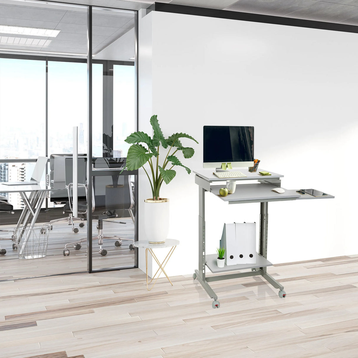 Grauer Stehschreibtisch WORKSTATION in der Größe 60 × 50 cm mit Ablagefach und Rollen von hjh OFFICE