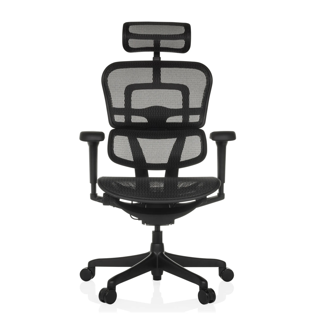 Schwarzer Luxus-Chefsessel ERGOHUMAN SIGNATURE GEN2 mit Netzrücken, Kopfstütze und Fußkreuz mit fünf Rollen von hjh OFFICE – 360-Grad-Ansicht (Frontansicht 0°)