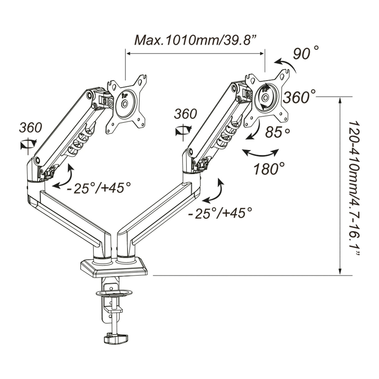Technische Zeichnung der Monitorhalterung Ergomount GF2 mit einer maximalen Breite von 1010 mm von hjh OFFICE