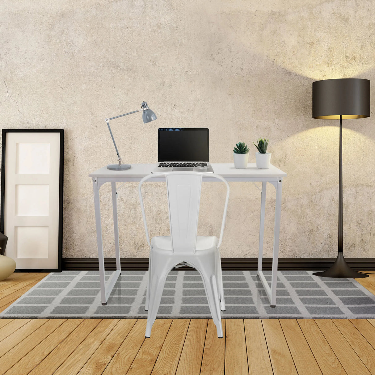 Weißer Schreibtisch WORKSPACE I in den Maßen 100 × 50 cm mit einem passenden Stuhl von hjh OFFICE