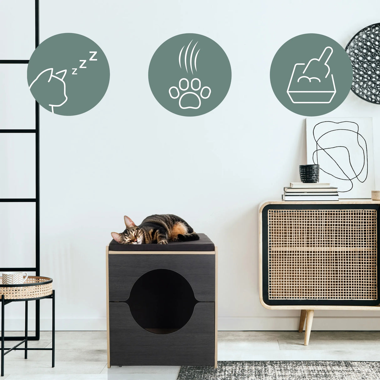 Katzenhaus KITTY PAWBOX 2 in Schwarz und Eiche mit einer schlafenden Katze und drei Funktionssymbolen von hjh LIVING