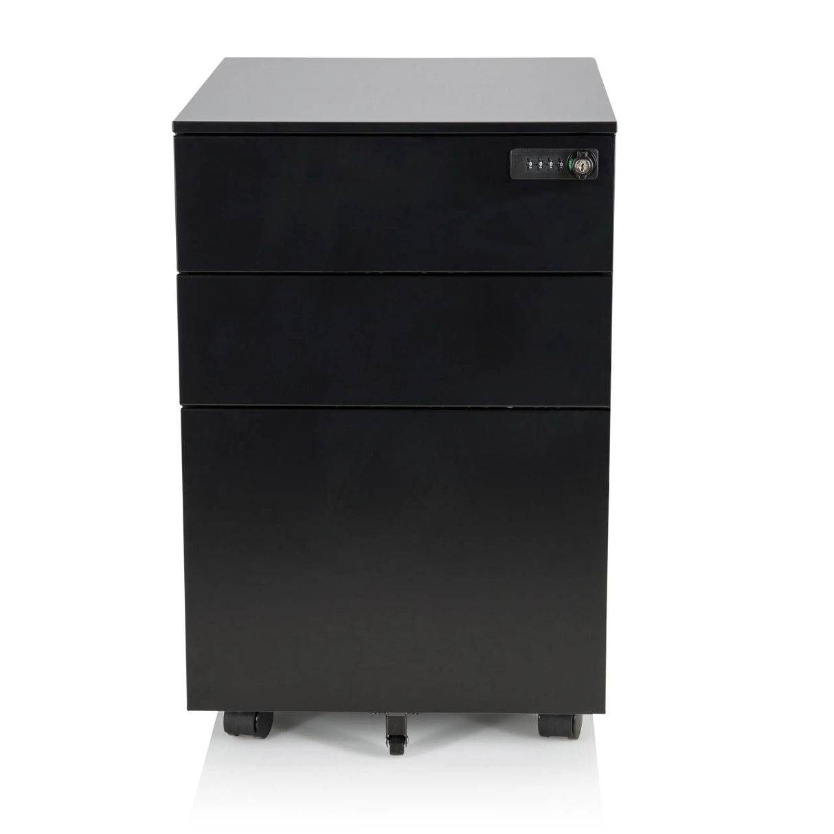 Schwarzer Rollcontainer COLOR OS I aus Metall mit drei Schubladen und Rollen von hjh OFFICE – 360-Grad-Ansicht (Frontansicht 0°)