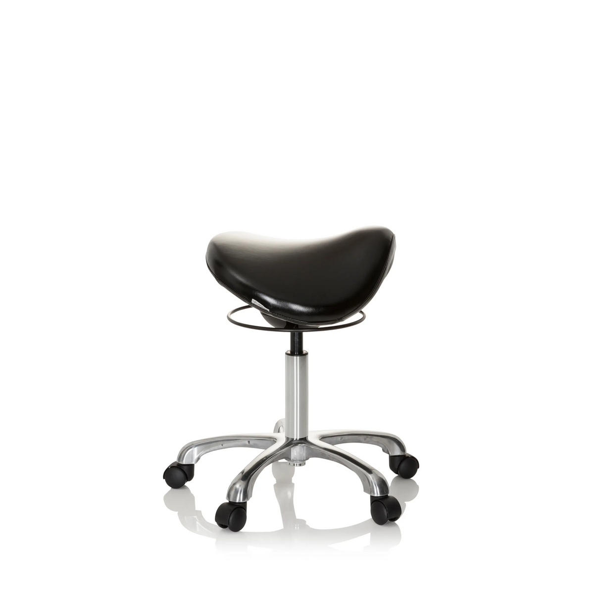Schwarzer Sattelhocker ORTHO SIT mit Fußkreuz und fünf Rollen von hjh OFFICE – 360-Grad-Ansicht (Seitenprofil 80°)