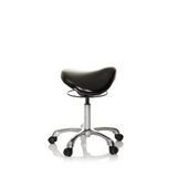 Schwarzer Sattelhocker ORTHO SIT mit Fußkreuz und fünf Rollen von hjh OFFICE – 360-Grad-Ansicht (Seitenprofil 80°)