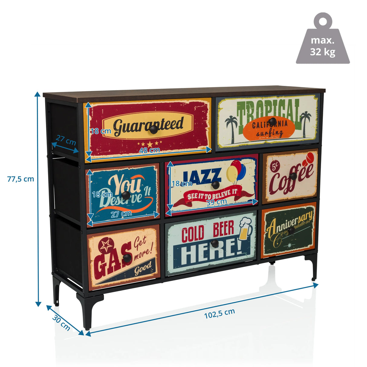 Maßansicht der Kommode AMERIKO B mit 102,5 × 77,5 cm und sechs Motivschubladen von hjh LIVING