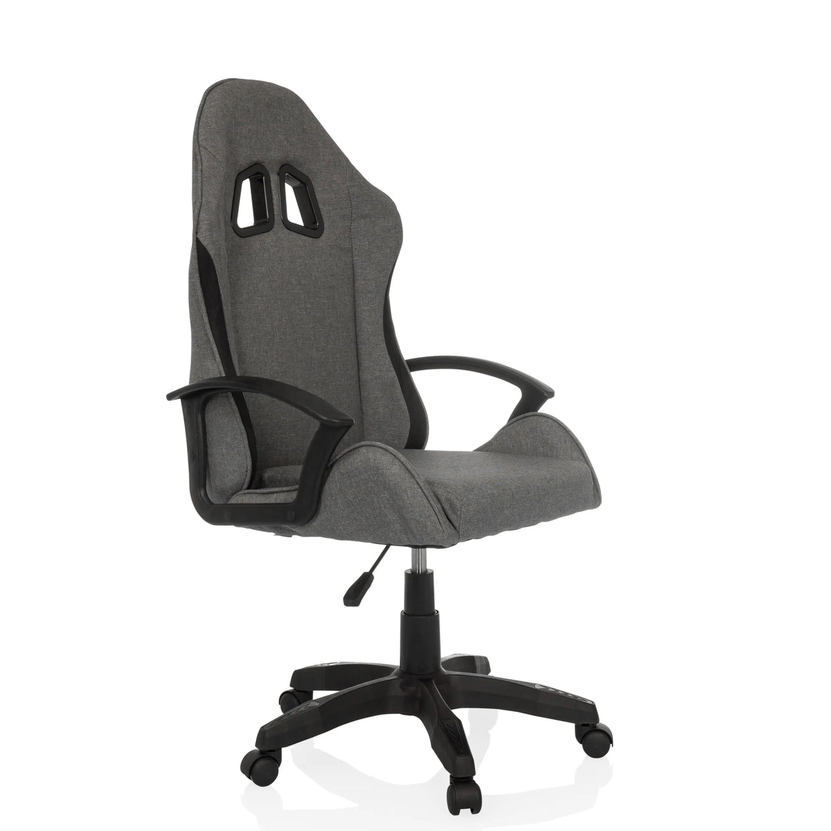 Grauer Gamingstuhl GAMEBREAKER W01 mit zwei Kopfstützenausschnitten und Fußkreuz mit fünf Rollen von MyBuero – 360-Grad-Ansicht (schräge Frontansicht 45°)