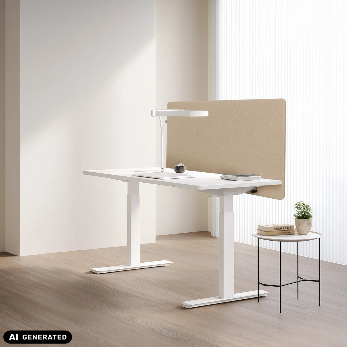 Beige Tischtrennwand FLEXMIUT D1 an einem weißen Schreibtisch von hjh OFFICE (KI-generiertes Bild)