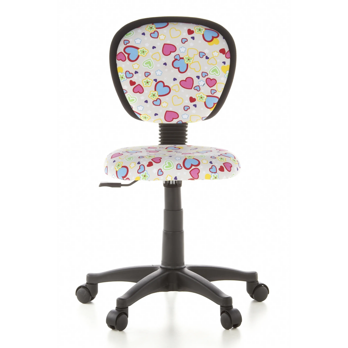 Kinderdrehstuhl KIDDY TOP mit buntem Herz- und Blumenmuster sowie Fußkreuz mit fünf Rollen von hjh OFFICE – 360-Grad-Ansicht (Frontansicht 0°)