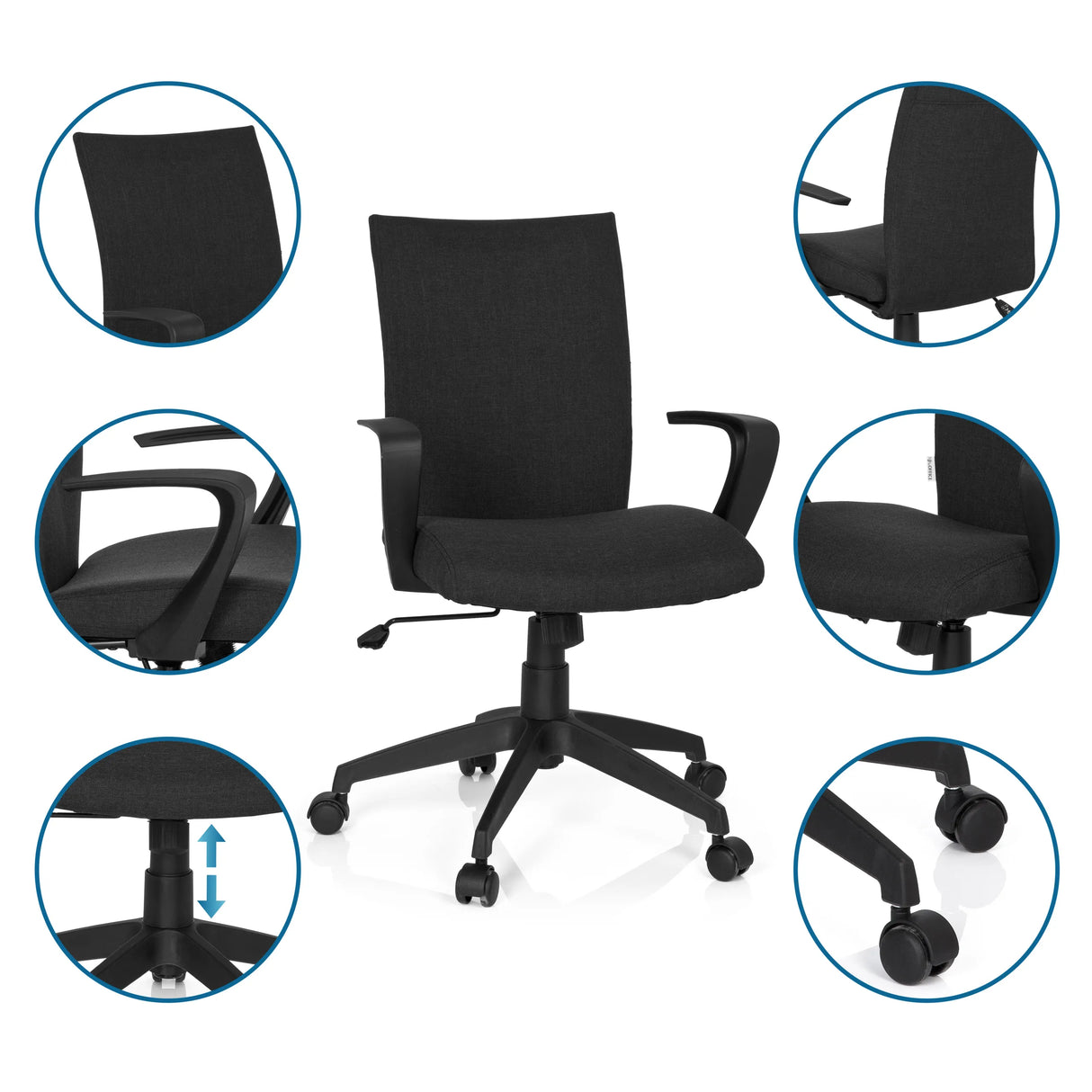 Homeoffice-Bürostuhl SOFT in Schwarz mit Detailansichten von Armlehne, Gasfeder und Rollen von hjh OFFICE