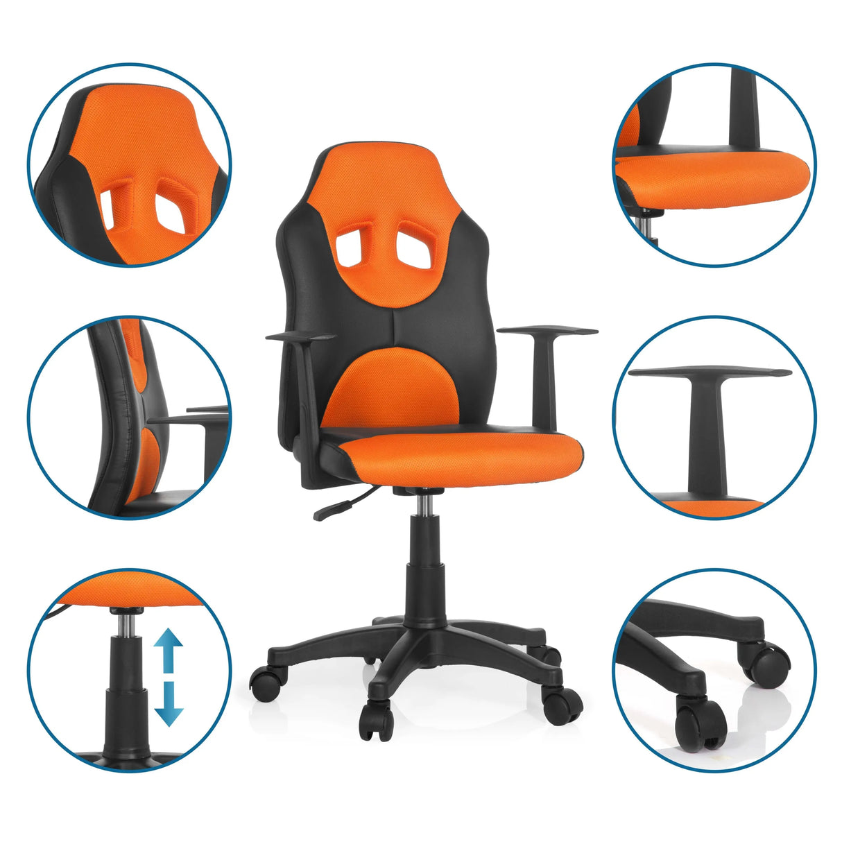 Kinderdrehstuhl KID GAME AL in Schwarz-Orange mit Detailansichten der Armlehnen, Gasfeder und Rollen von hjh OFFICE