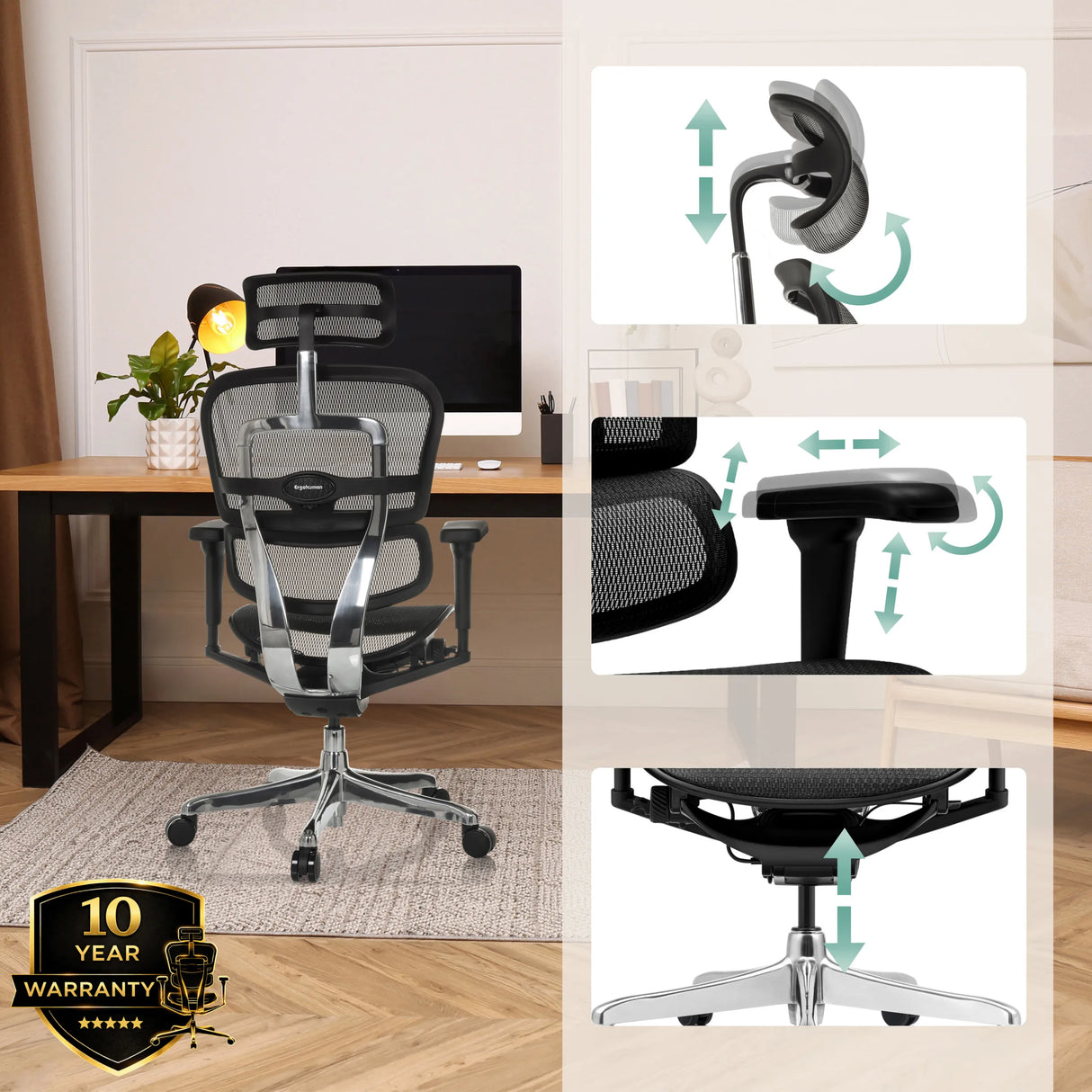 Verstellbare Kopfstütze, Armlehnen und Gasfeder des Luxus-Chefsessels ERGOHUMAN ULTRA GEN2 in Schwarz von hjh OFFICE