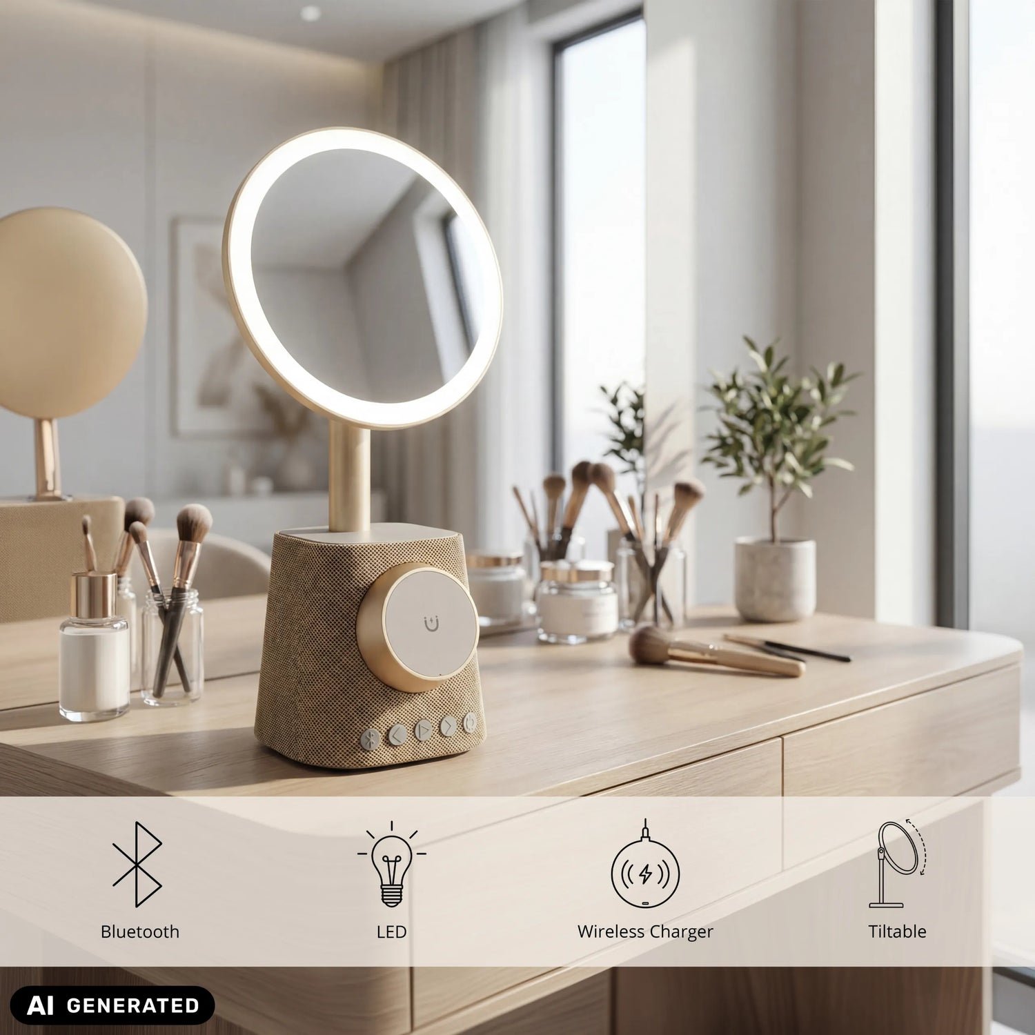 Goldfarbener Schminkspiegel Glamlody mit LED-Beleuchtung und Wireless Charger von hjh OFFICE (KI-generiertes Bild)