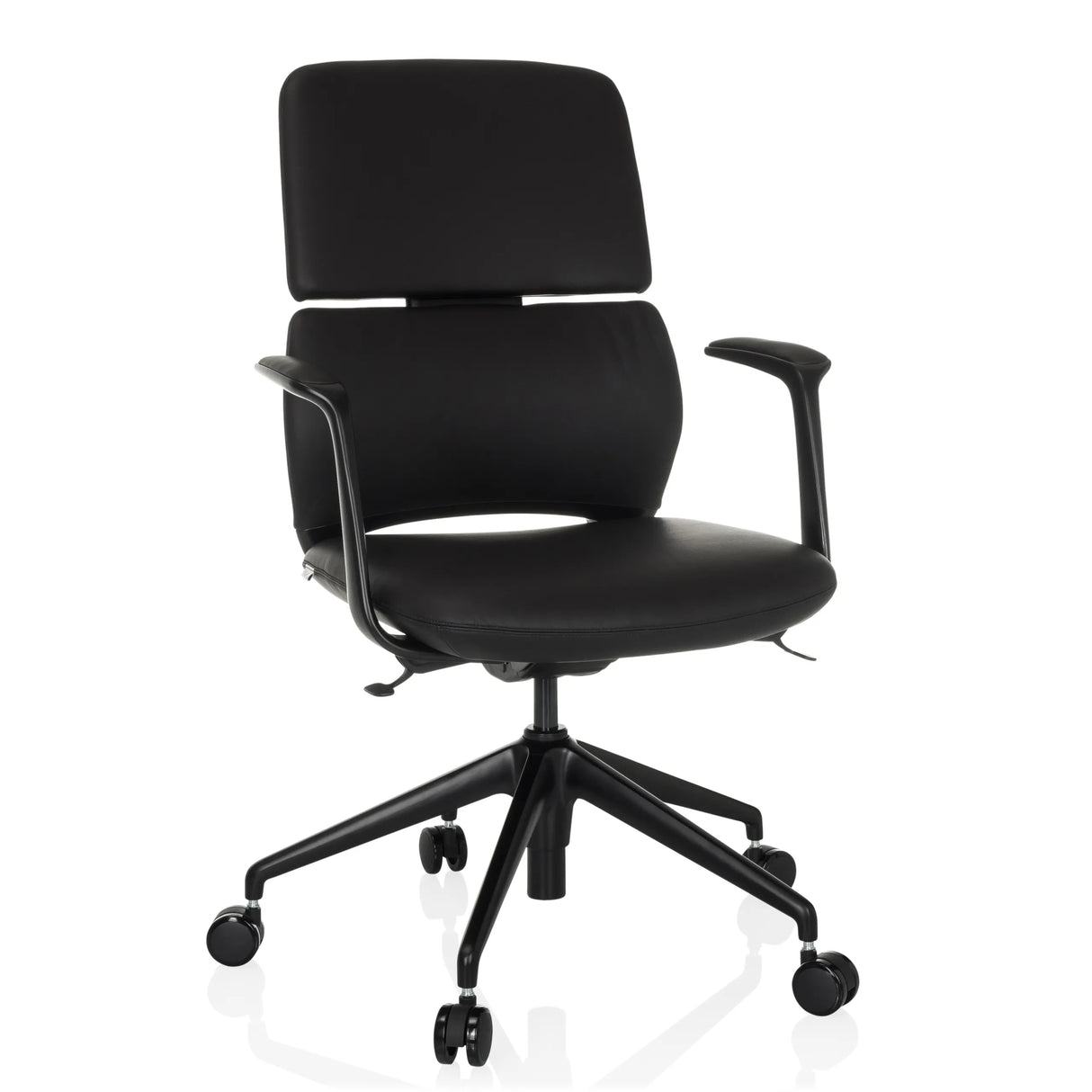 Schwarzer Profi-Bürostuhl ATMOS DESIGNER mit Armlehnen und Fußkreuz mit fünf Rollen von hjh OFFICE – 360-Grad-Ansicht (Frontansicht 15°)