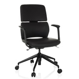 Schwarzer Profi-Bürostuhl ATMOS DESIGNER mit Armlehnen und Fußkreuz mit fünf Rollen von hjh OFFICE – 360-Grad-Ansicht (Frontansicht 15°)