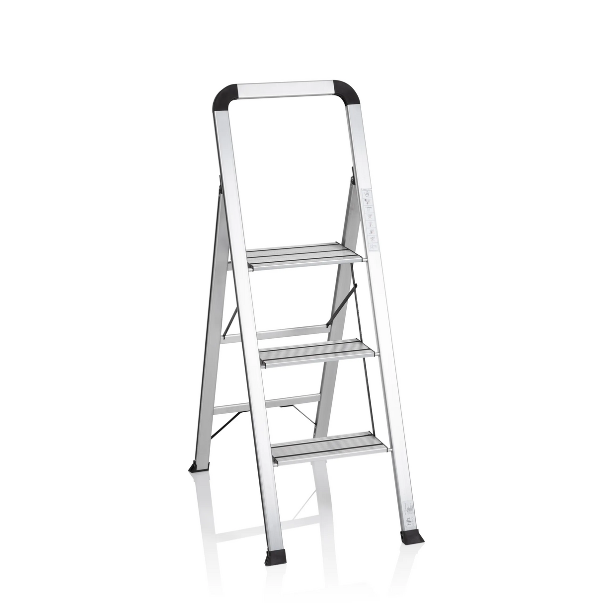 Silberne Klappleiter SOLID V aus Aluminium mit drei Stufen und Handgriff von hjh OFFICE – 360-Grad-Ansicht (Frontansicht 20°)