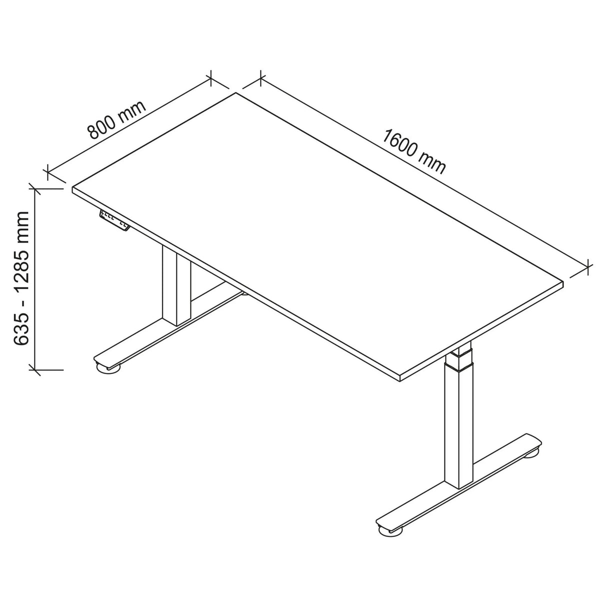 Technische Zeichnung des Schreibtischs XDSM 16 G mit 1600 × 800 mm von hjh OFFICE PRO
