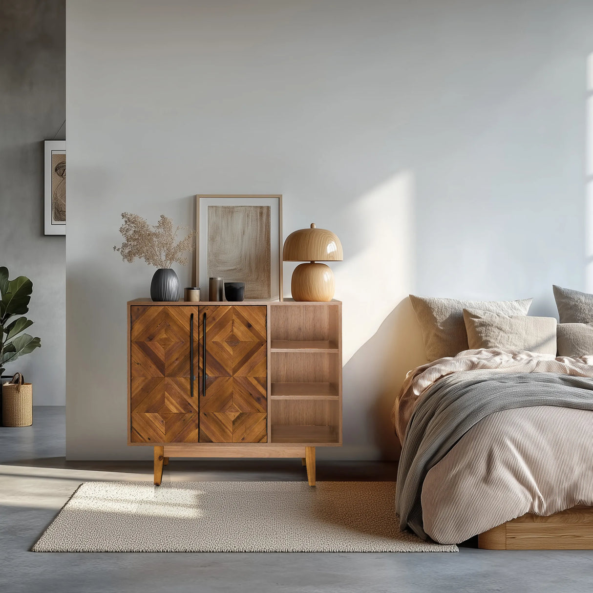 Kommode SANTJAGO WOOD L aus dunkelbraunem Holz mit geometrischem Muster und offenen Regalfächern von hjh LIVING