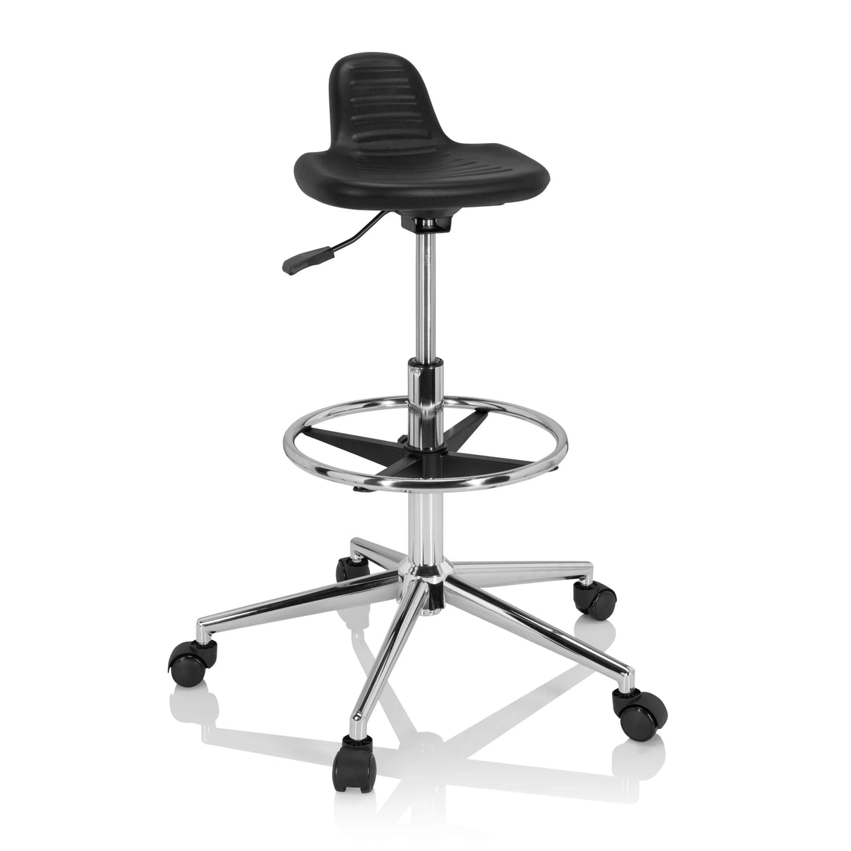 Schwarzer Drehhocker TOP WORK 03 I mit Fußring und Fußkreuz mit fünf Rollen von hjh OFFICE – 360-Grad-Ansicht (Frontansicht 20°)