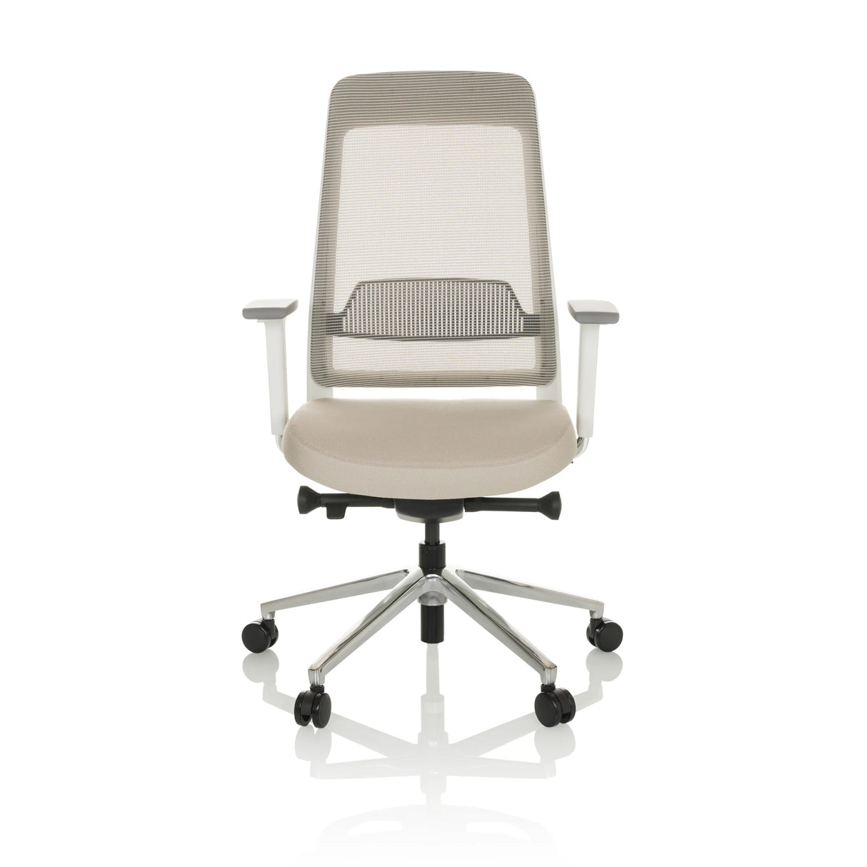 Beiger Profi-Bürostuhl CHIARO T2 WHITE mit Netzrücken und silbernem Fußkreuz mit fünf Rollen von hjh OFFICE – 360-Grad-Ansicht (Frontansicht 0°)