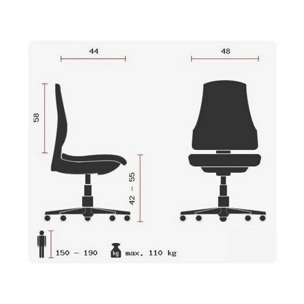Technische Zeichnung des Profi-Bürostuhls BALANCE 400 mit einer maximalen Belastung von 110 kg von Topstar