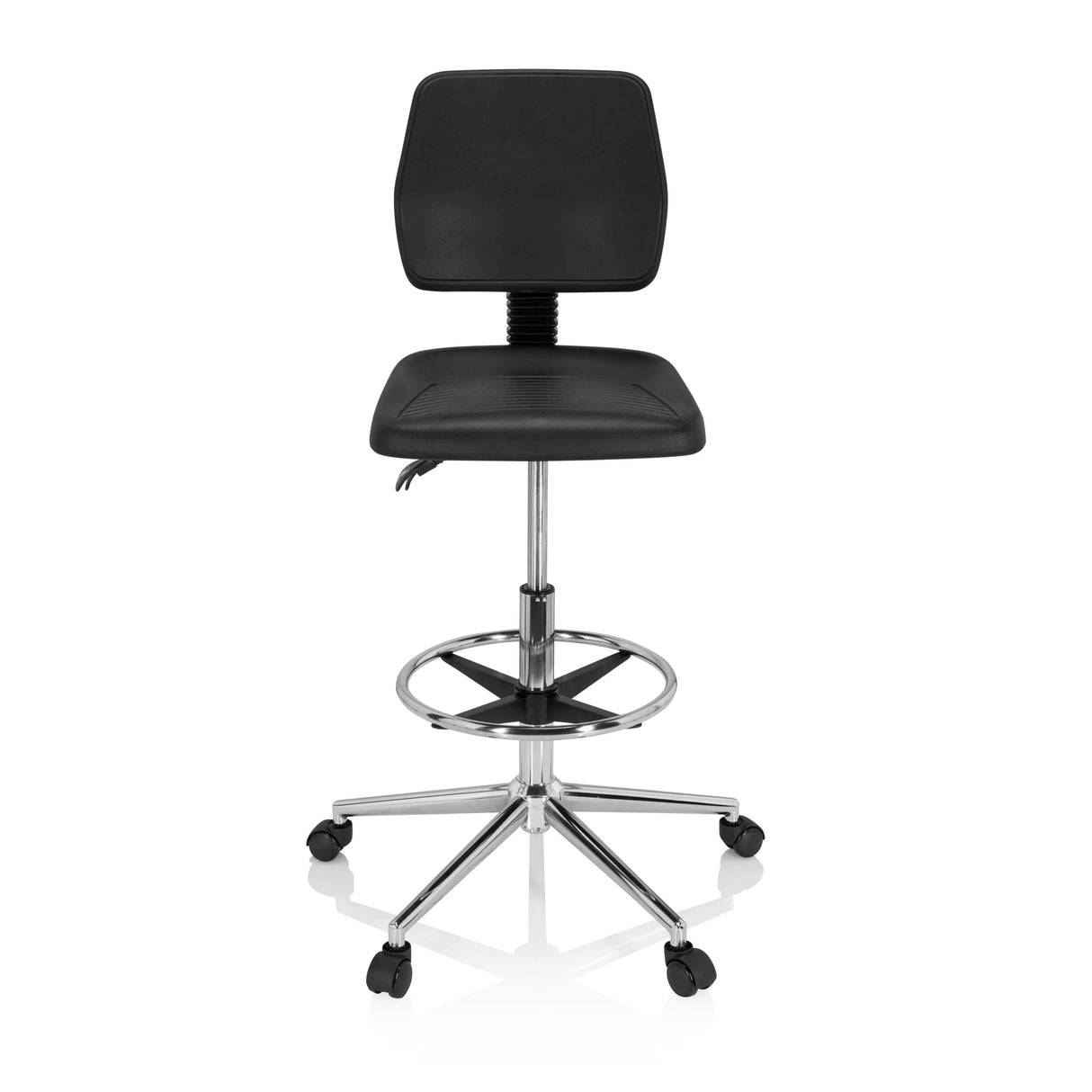 Schwarzer Counterstuhl TOP WORK 11 I mit Fußring und Fußkreuz mit fünf Rollen von hjh OFFICE – 360-Grad-Ansicht (Frontansicht 0°)