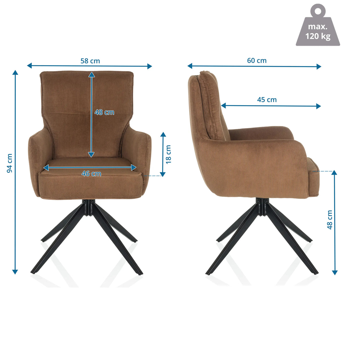 Maßzeichnung des Polsterstuhls TARUGO mit einer Höhe von 94 cm und Breite von 58 cm von hjh LIVING