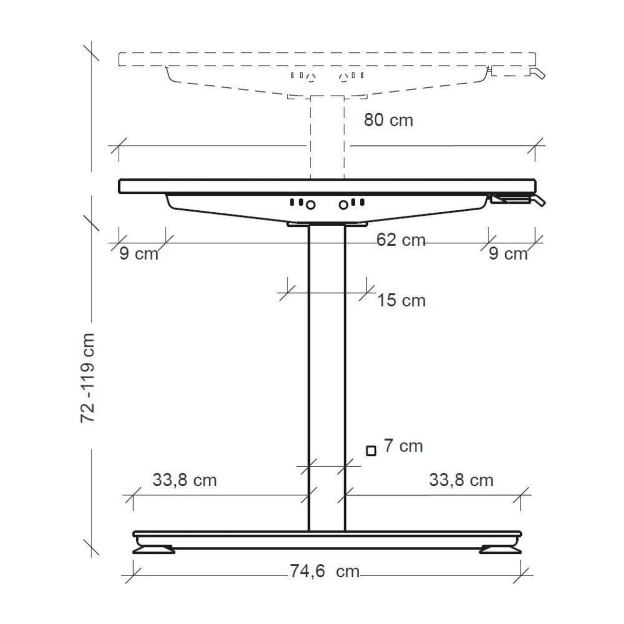 Maßzeichnung des elektrisch höhenverstellbaren Schreibtischs XMST 22 G mit Höhenangabe von 72 bis 119 cm von hjh OFFICE PRO