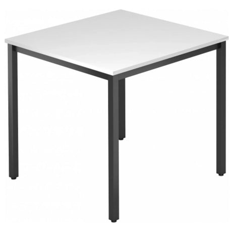 Quadratischer Tisch DORAN DQ08 D mit weißer Tischplatte und schwarzem Vierkant-Rohrgestell von hjh OFFICE PRO