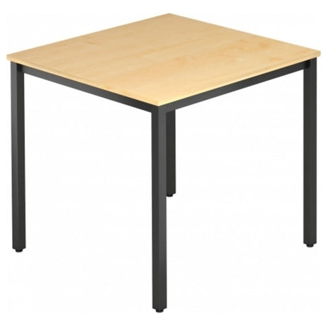 Quadratischer Tisch DORAN DQ08 D mit Ahornholz-Platte und schwarzem Vierkant-Rohrgestell von hjh OFFICE PRO