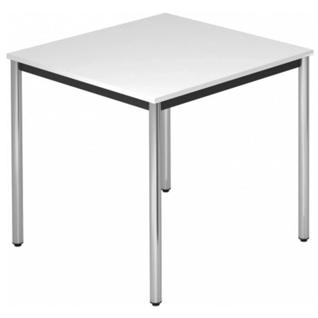 Quadratischer Tisch DORAN DR08 C mit weißer Platte und verchromten Rundrohrbeinen von hjh OFFICE PRO