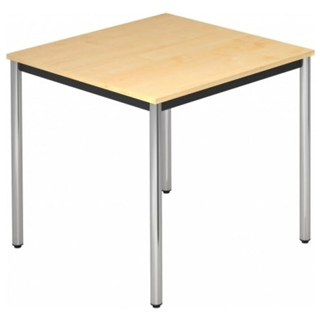 Quadratischer Tisch DORAN DR08 C mit Ahornholz-Platte und verchromten Rundrohrbeinen von hjh OFFICE PRO