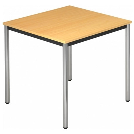 Quadratischer Tisch DORAN DR08 C mit buchefarbener Platte und verchromten Rundrohrbeinen von hjh OFFICE PRO