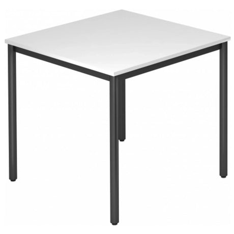 Quadratischer Tisch DORAN DR08 D mit weißer Platte und schwarzen Rundrohrbeinen von hjh OFFICE PRO