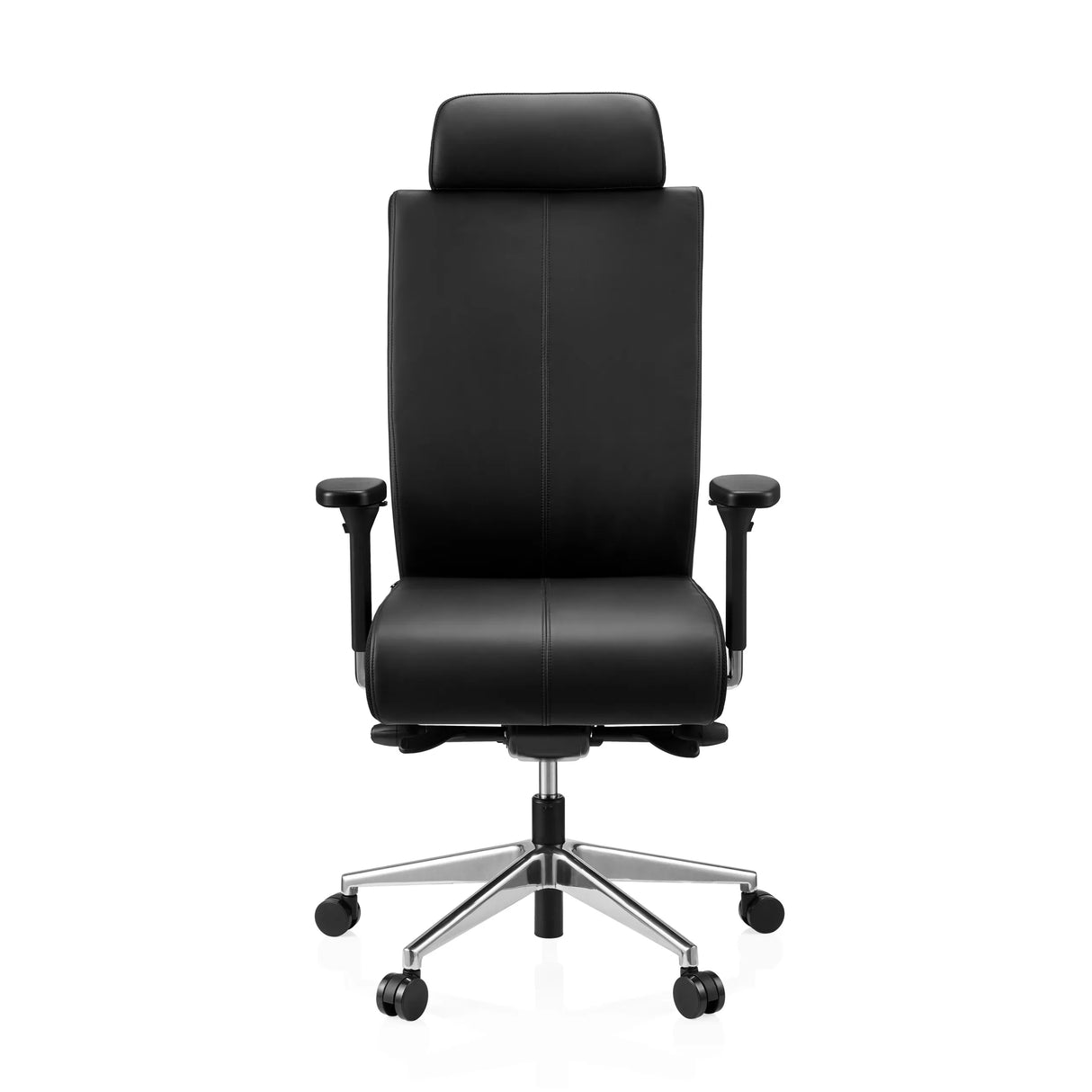 Schwarzer Profi-Bürostuhl PRO-TEC XXL aus Leder mit Kopfstütze und Fußkreuz mit fünf Rollen von hjh OFFICE – 360-Grad-Ansicht (Frontansicht 0°)