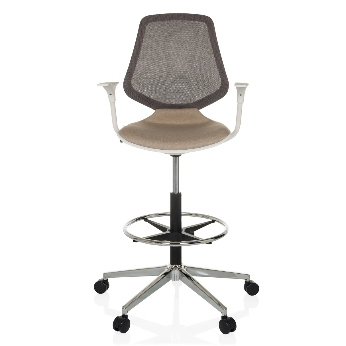Beiger Counterstuhl TOP WORK STYLE mit Netzrücken, Fußring und Fußkreuz mit fünf Rollen von hjh OFFICE – 360-Grad-Ansicht (Frontansicht 0°)