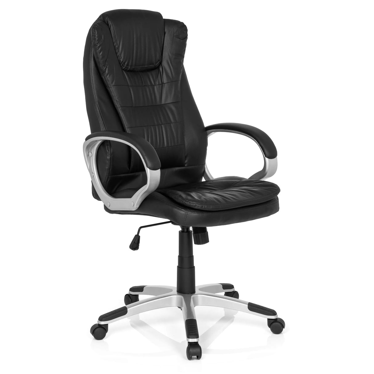 Schwarzer Gamingstuhl RELAX WB100 mit gepolsterter Rückenlehne und Fußkreuz mit fünf Rollen von MyBuero – 360-Grad-Ansicht (schräge Frontansicht 40°)