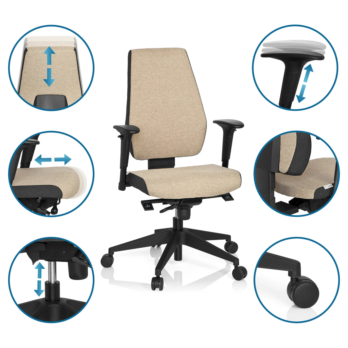Verstellbare Funktionen des Profi-Bürostuhls PRO-TEC 500 in Beige mit Rollen und Gasdruckfeder von hjh OFFICE
