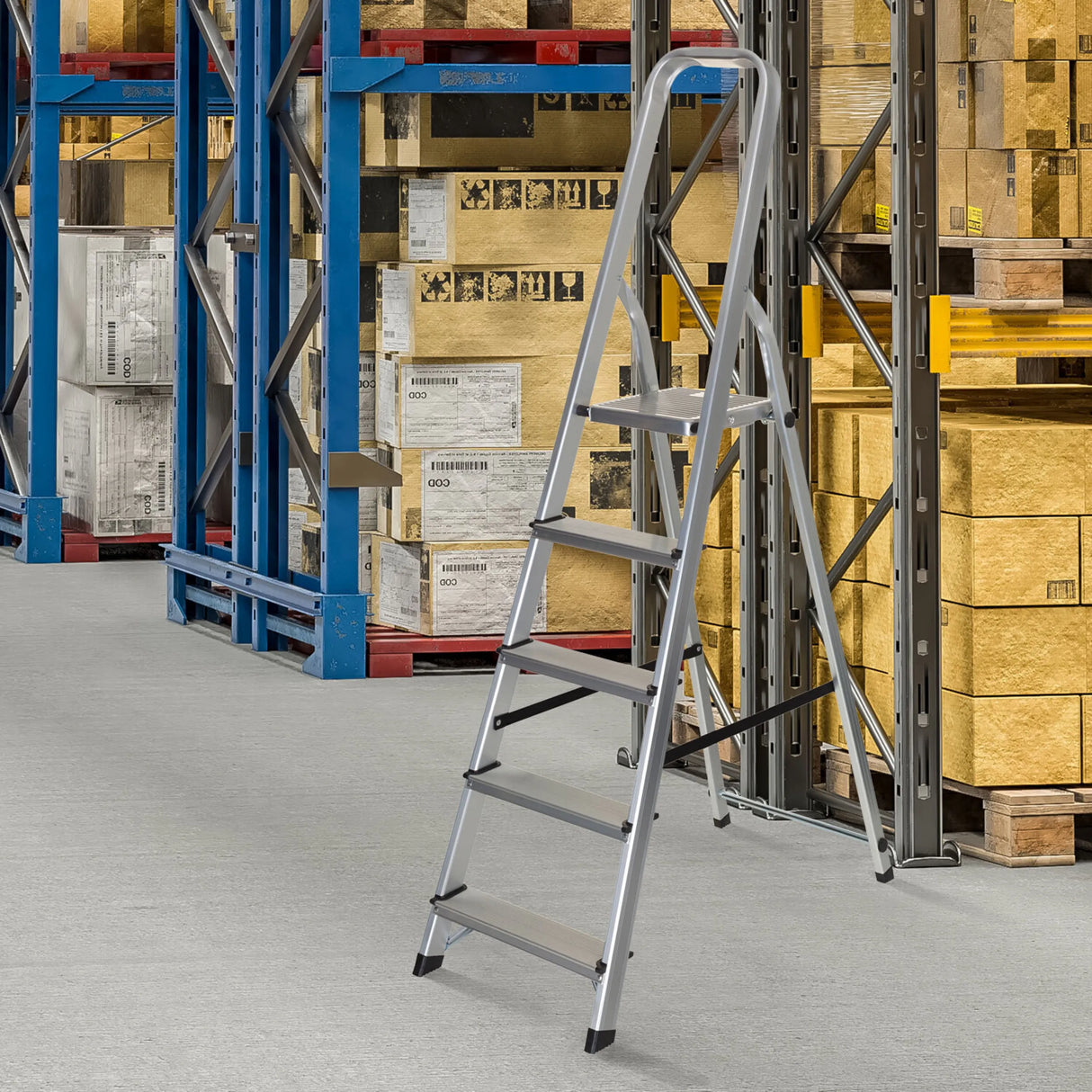 Fünfstufige Klappleiter SOLID III aus Aluminium in einem Lager vor einem Regal von hjh OFFICE